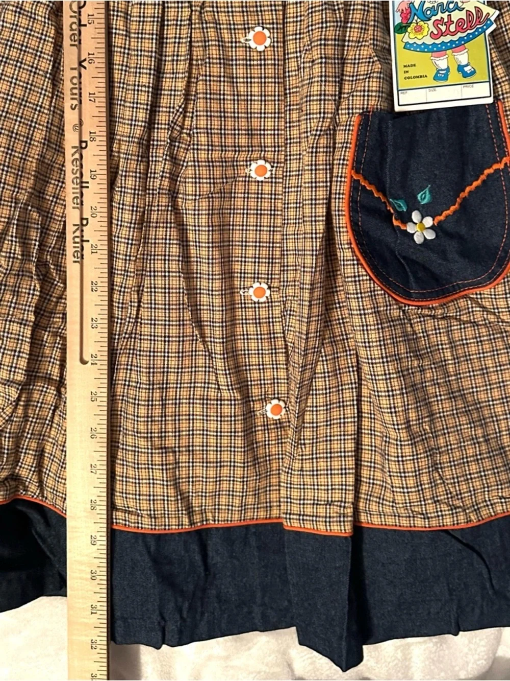 Vintage Narci Stell Sleeveless Patchwork Plaid Denim Flower Dress Girl 10 orange
